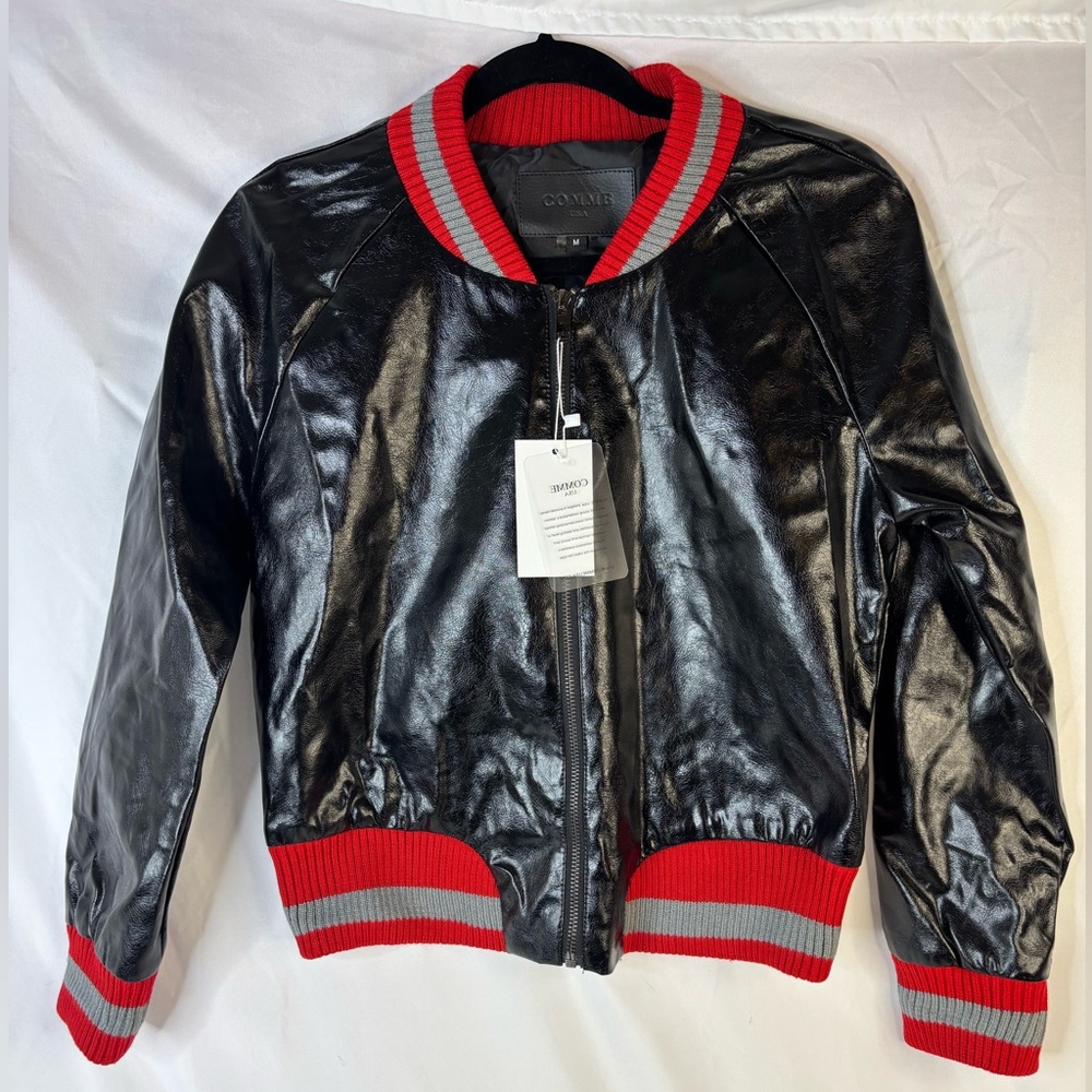 COOME Patent Leather Black/Red Stripe Cuffs and Bottom Edge‎ NWT Zip Up